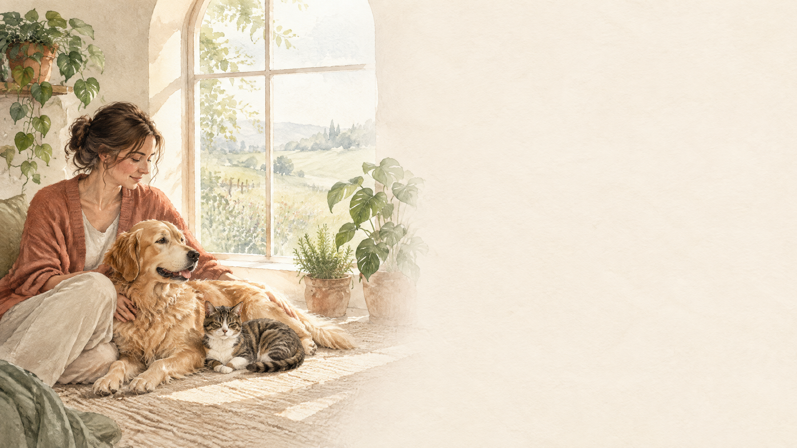Achtsame Person mit Hund und Katze in ruhiger Wohnatmosphäre